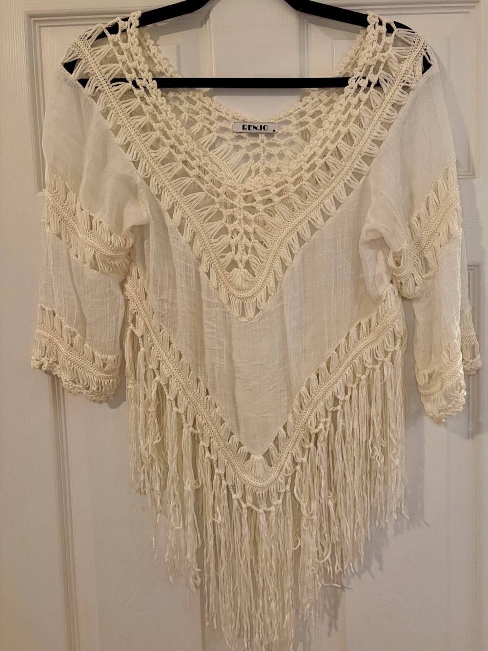 Renjo Cream Crochet Fringe Tunic Top